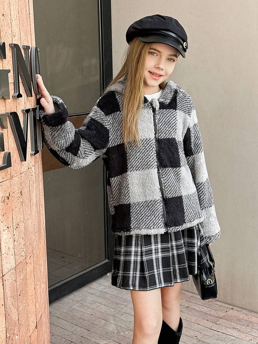 SHEIN 女童毛绒格子对称图案连帽休闲百搭外套，适合日常穿着 - 黑色 - 查看 1