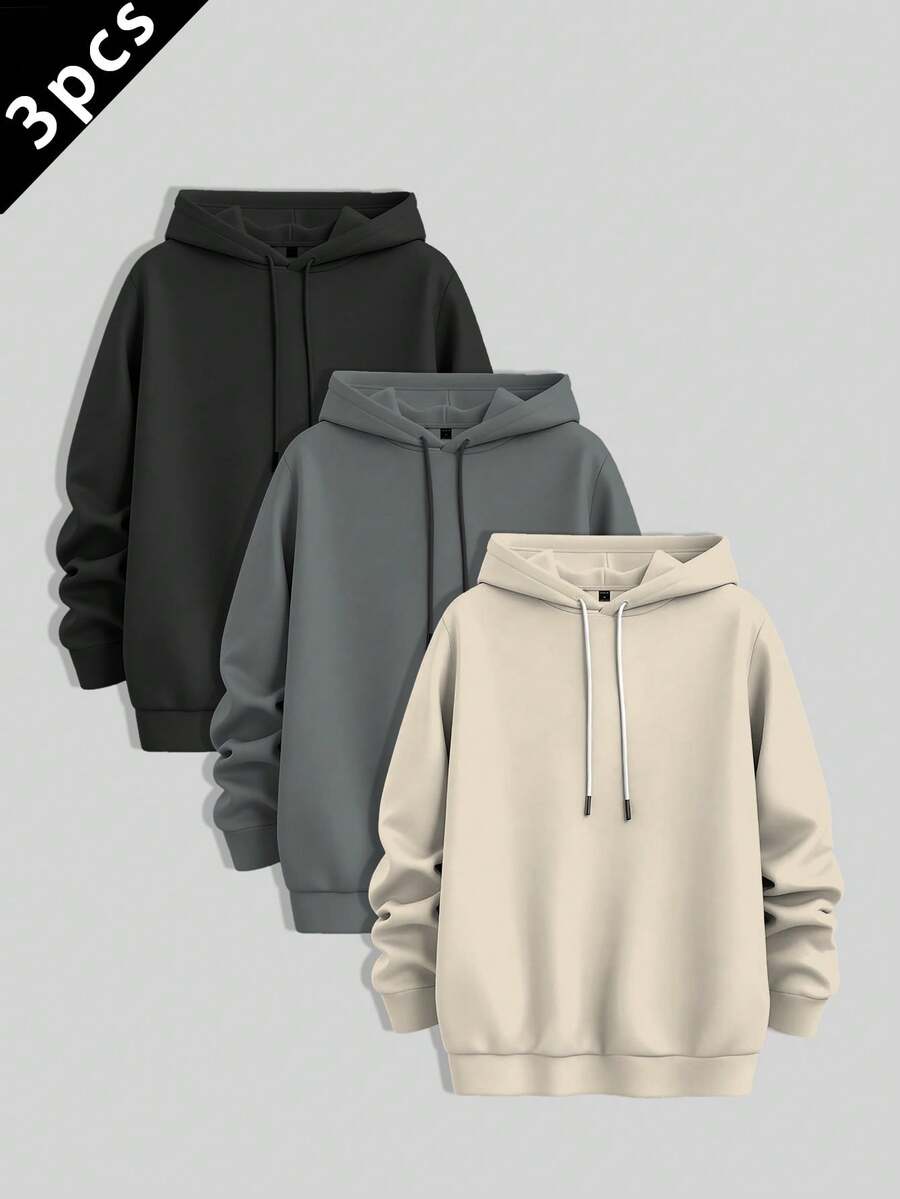 Manfinity Hypemode 3件装男士休闲长袖连帽卫衣，微弹针织涤纶面料，常规版型，新款时尚男士保暖连帽衫，秋冬服装 - 黑色 - 查看 1