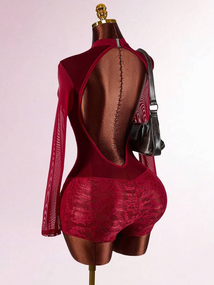 Amplova Women's Lace Contrast Mesh Sheer Bodysuit, Sexy Backless Design Suitable For Dates, Valentine's Day, Fishbone Tape Waist Shaping Accentuates Body Curves - Burgundy - View 1