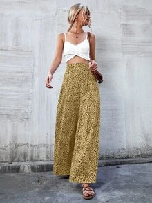 Breezaya Quần ống rộng họa tiết da báo cạp cao thoải mái đa năng - Màu vàng - Xem 4