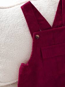 女童灯芯绒休闲纽扣口袋背带连体裤 - 酒紅色 - 查看 4