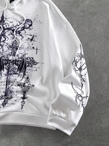 ROMWE MEN Street Life Men's Casual Fashionable Street Cross & Slogan Print Drawstring Hoodie, Spring/Autumn - White - View 3