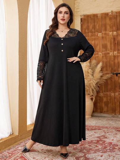 Lacomfia Elegant V-ringad spetsklänning med knappdekor, enkel långärmad, plusstorlek för kvinnor