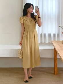 DAZY Robe élégante et simple pour femmes avec col claudine, manches bouffantes, taille cintrée, plis plissés et ourlet évasé. Robe d'été - Jaune citron - Voir 5