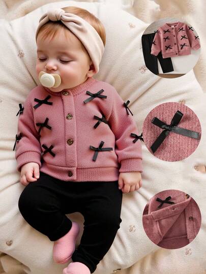 SHEIN Newborn Casual Autumn/Winter Fashion Knitted Bow Jacket And Solid Color Pants Set