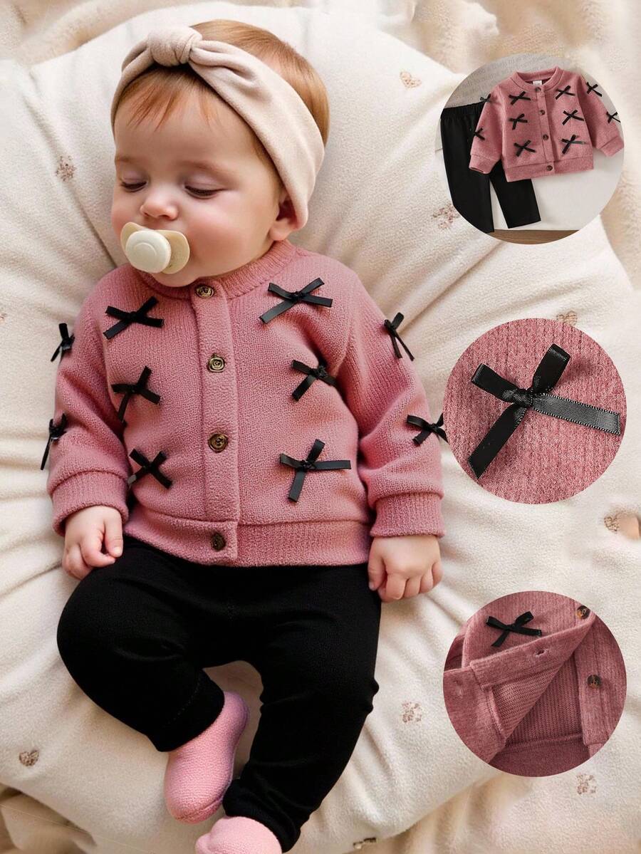SHEIN Newborn Casual Autumn/Winter Fashion Knitted Bow Jacket And Solid Color Pants Set - Pink - View 1