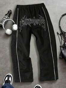 Pantalones rectos deportivos y de calle con gráfico de relámpago gótico para adolescentes, primavera/verano - Negro - Ver 1