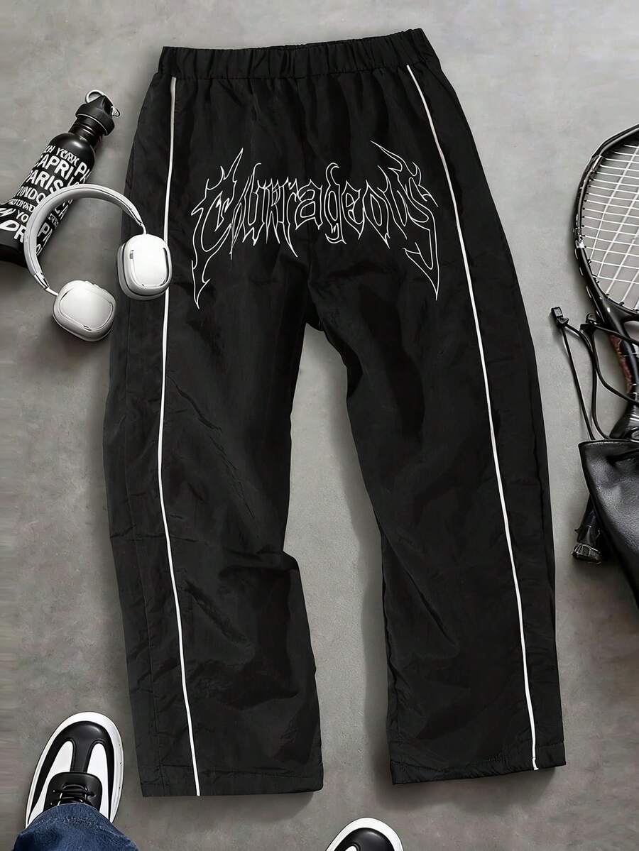Pantalones rectos deportivos y de calle con gráfico de relámpago gótico para adolescentes, primavera/verano - Negro - Ver 1