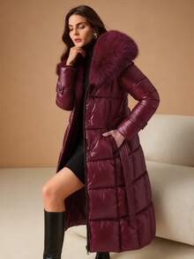 Anewsta Women's Mid-Length Winter Coat With Fur Collar, Fashionable Cinched Waist Waist Design - Burgundy - View 5