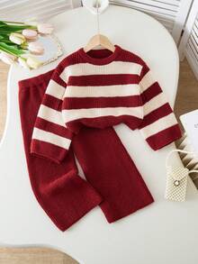 女童黑白条纹加厚针织衫上衣和打底裤套装，秋冬季