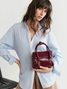 SHECARRY Túi xách vuông nhỏ thời trang nữ phong cách đại học đi làm có khóa trang trí tinh tế, thích hợp để đi làm - Đỏ - Xem 5