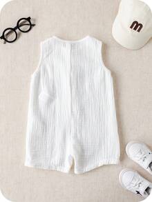 SHEIN 男女通用新生儿无袖连体衣，休闲度假可爱白色套装，适合日常外出、室内玩耍、休闲、生日派对、节日、晚宴、演出、婚礼、迎婴派对、春夏穿着。 - 白色 - 查看 2