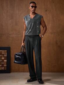 AKNOTIC Men's Fashion Casual Vest Gun Sequin Top Men Rhinestone Top Men Sparkly Top Men Men Crochet Top Twilight Knit Top Men - Black - View 4