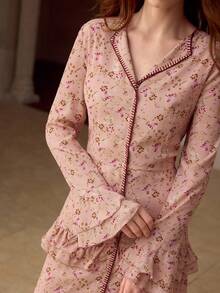 MOTF PREMIUM DITSY FLORAL FLARE SLEEVE LAYERED RUFFLE TIERED HEM MAXI DRESS , SPRING FALL - Baby Pink - View 2