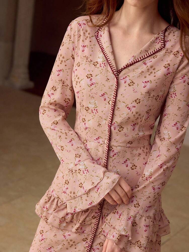 DITSY FLORAL FLARE SLEEVE LAYERED RUFFLE TIERED HEM MAXI DRESS , SPRING FALL