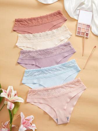 Eraneu 5条/包蕾丝拼接无缝三角裤，时尚甜美