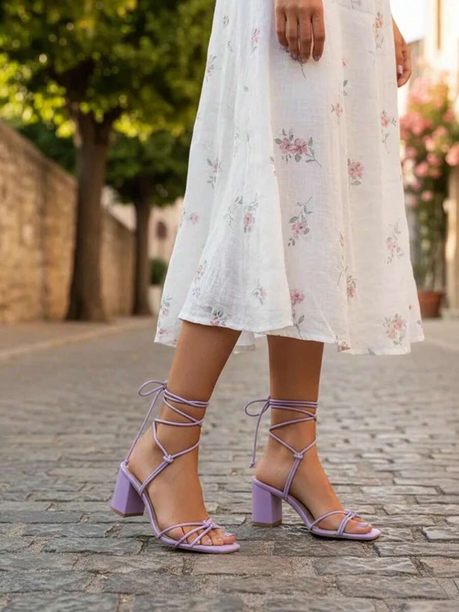 La Caprichosa sandalias de mujer con tacón bloque, sandalias elegantes con tiras delgadas, sandalias con amarre al tobillo para vestir, sandalias modernas con cordones envolventes, sandalias femeninas con tacón medio, sandalias minimalistas para ocasiones especiales, sandalias de tiras cruzadas para uso diario, calzado femenino con diseño estilizado, sandalias versátiles para atuendos formales y casuales - Lila Púrpura - Ver 1