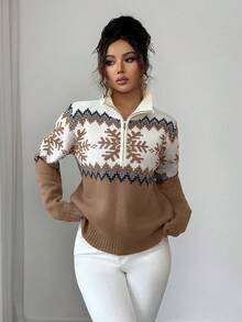 SHEIN Elenzya Sweater Wanita Elegan, Motif Fair Isle, Sweater Resleting Kombinasi Warna, Motif Natal, Sweater Musim Gugur/Musim Dingin - Khaki - View 3