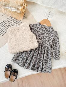 SHEIN Vintaside Kids 2 Stücke/Set Kleinkind Mädchen Landstil Flauschige Weste Jacke + Cord Puffärmel Kleid, süßer Lässig Alltags Outfit, dick & warm, minimalistisches elegantes Design, Herbst/Winter - Grau - Übersicht 2