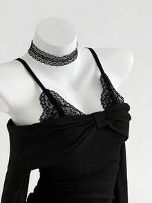 Elamini 1pc Black & Grey Lace Camisole Off Shoulder Long Sleeve Asymmetric Hem Cinched Waist Casual T-Shirt, Suitable For Daily Wear And Campus Style - Black - View 3