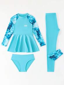 SHEIN 青少年女孩扎染印花分体泳衣套装，插肩袖，休闲假日风格 - 青碧色 - 查看 6