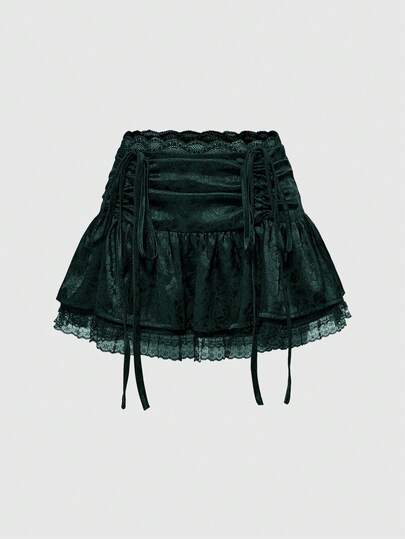 Goth Minifalda de mujer con pliegues en la cintura, adorno de encaje y estilo jacquard de satén en estilo gótico (con leggings incluidos), conjunto de ropa de verano