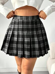 SHEIN CURVE+ Plus Size Women Vintage Plaid Pleated A-Line Skirt, Autumn/Winter - Black - View 4