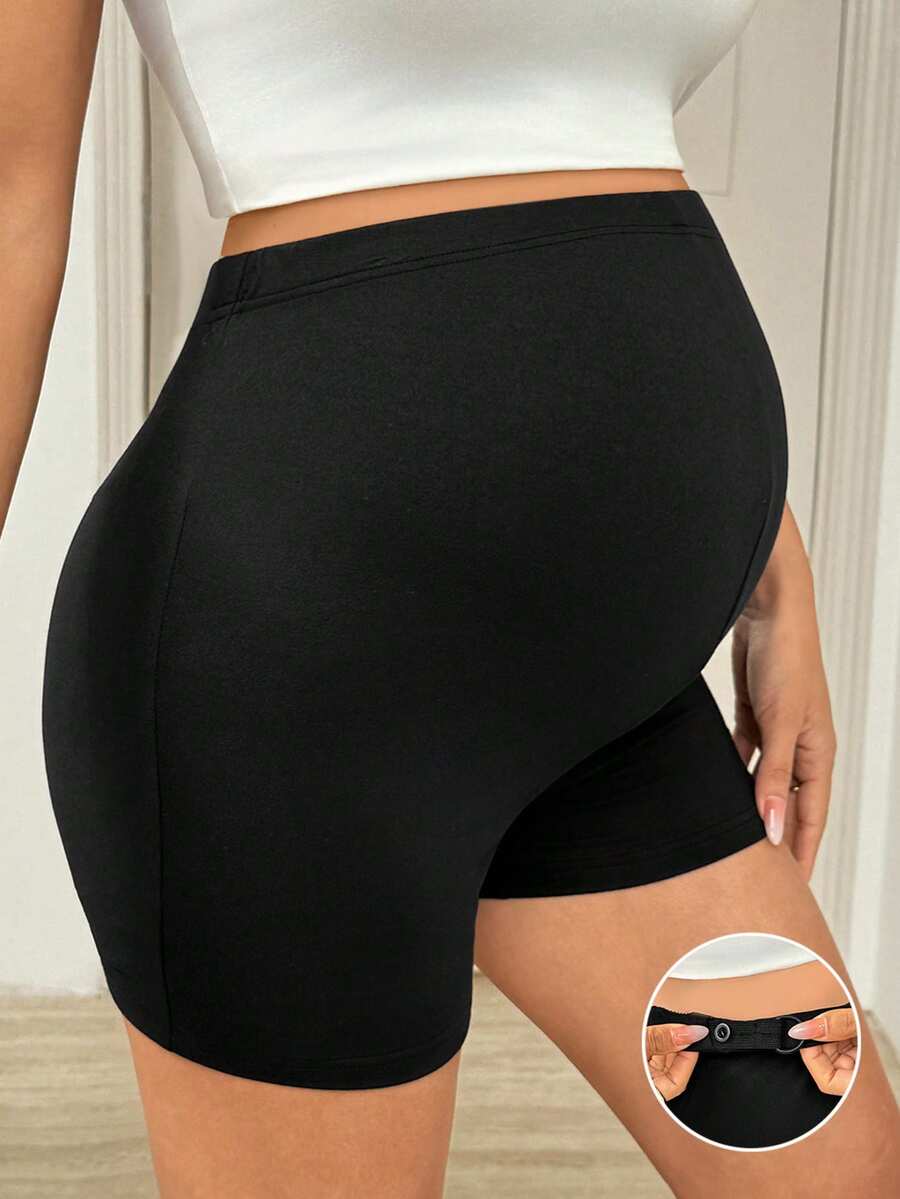 SHEIN Maternity Solid Color Elastic High Waist Skinny Shorts Maternity Biker Short Pregnancy Shorts Mid Thigh Shorts Biker Shorts Butt Lifting Shorts - Black - View 1