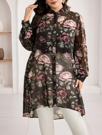 Modelyn Plusstorlek blommig långärmad elegant blus