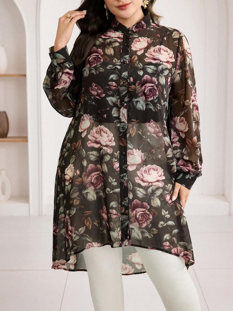 Modelyn 大码印花长袖优雅衬衫 - 黑色 - 查看 1