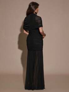 SHEIN BAE Elegant Ruched Bodycon Dress,Black Sheer Mesh Maxi Dress For Party Night,Autumn Evening Gown,Formal Gathering,Cocktail Party & Date Dress - Black - View 2