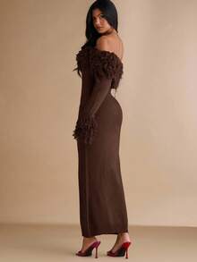 Silquee Women's Fashionable Elegant Off Shoulder Fitted Sweater Dress In Fall/Winter - Coffee Brown - View 2