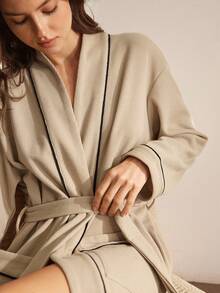Ocili Soft & Comfortable Waffle Knit Open Front Robe, Casual Loungewear For Women, Spring/Autumn - Khaki - View 7