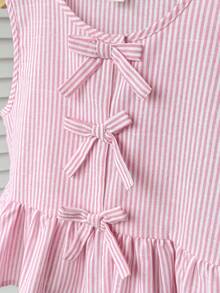 SHEIN 青少年女孩可爱蝴蝶结条纹荷叶边上衣，休闲日常百搭 - 粉色 - 查看 3