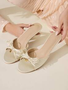 CUCCOO CHICEST Giày sandal đế mỏng đính nơ thời trang dành cho nữ, thích hợp để mang hàng ngày - Màu be - Xem 1