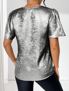 Rafferiza Metallic V-Neck Blouse For New Year Holiday Party Clothes - Silver - View 2