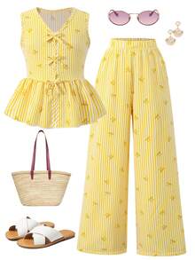 Sparklyn Tween Girl Striped Bow Ruffle Hem Sleeveless Top And Elastic Waist Pants Casual 2-Piece Outfit