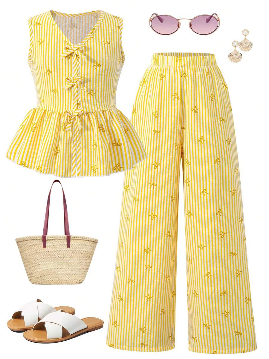 Sparklyn Tween Girl Striped Bow Ruffle Hem Sleeveless Top And Elastic Waist Pants Casual 2-Piece Outfit