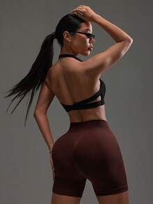 SHEIN Dewbera Women's Solid Color Elastic Seamless Ribbed Sports Shorts, Summer Tummy Control Gym Shorts Spandex Shorts Tummy Control - Coffee Brown - View 4