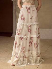 MOTF PREMIUM WOMEN'S FLORAL PRINT CONTRAST LACE FLARED SKIRT, SPRING/SUMMER - Apricot - View 1