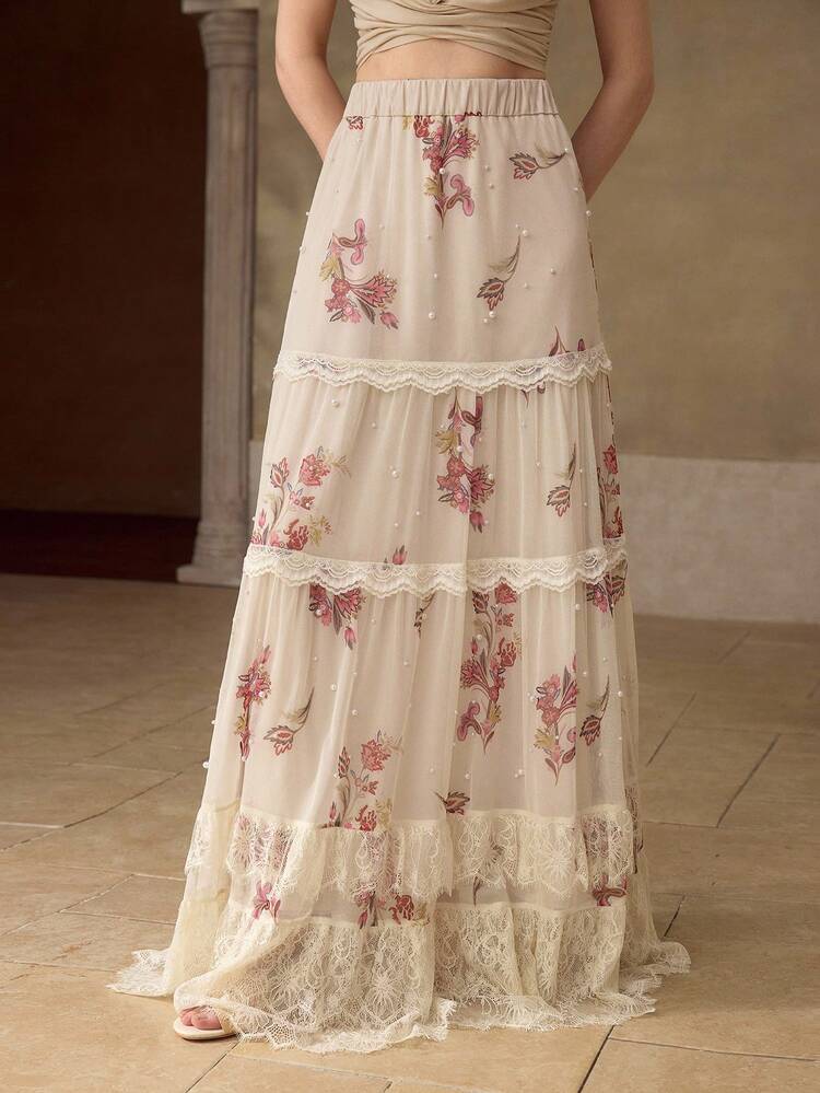 WOMEN'S FLORAL PRINT CONTRAST LACE FLARED SKIRT, SPRING/SUMMER