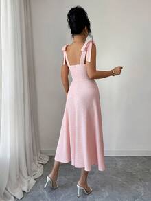 SHEIN Elenzya Sleeveless Spaghetti Strap Tie Bow Knot Ruched Bust A-Line Elegant Romantic Sophisticated Women Dress, Chiffon Fabric - Pink - View 2