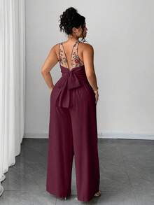 Elenzga 大码女士优雅蝴蝶结V领吊带背心和阔腿裤两件套，杏色刺绣网纱拼接 - 紫色 - 查看 4