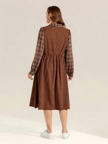 Momelise Plus Size Multicolor Plaid Collar Long Sleeve A Line Knee Length Casual Woven Fabric Dress With Pockets - Multicolor - View 2