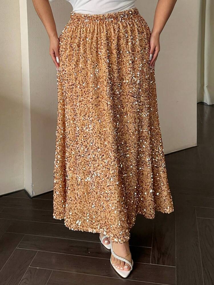 Dazy Plus Valentine Plus Size Sequin Elastic Waist Maxi A-Line Skirt, Autumn/Winter New Years Women