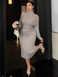 Dazy Plus Plus Size Women Solid Color Asymmetrical Cutout Shoulder Elastic Fitted Elegant Long Sweater Dress, Casual For Autumn/Winter - Khaki - View 1