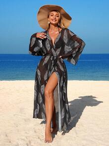 Swim Lushoire 1件装女士树叶印花长款系带开衩和服睡袍，成熟风格，网纱面料 - 黑色 - 查看 5