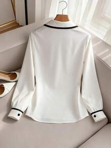 SHEIN Franclia Áo sơ mi nữ kiểu dáng thường ngày phối màu tương phản, phong cách tối giản, thích hợp cho hoạt động ngoài trời, đi làm, màu trắng thanh lịch, áo kiểu nữ bằng lụa, áo kiểu màu kem, áo kiểu nữ. - trắng - Xem 2