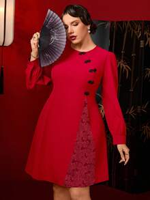 Auvina Váy dài tay màu đỏ thắt eo trang trí nút kiểu Trung Hoa thanh lịch cỡ lớn dành cho nữ, thích hợp cho tiệc năm mới - Đỏ - Xem 2