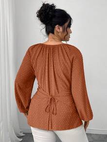 Elenzga 女士休闲圆领串珠收腰衬衫，秋冬款 - 棕色 - 查看 2